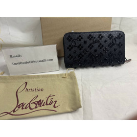 Christian Louboutin Panettone Wallet Grained Calf Leather Spikes Loubinthesky Black