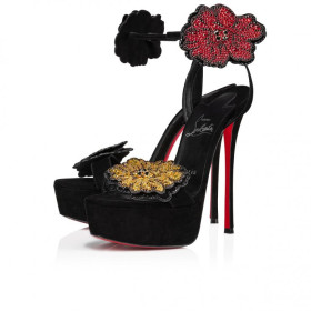 Christian Louboutin Button Flower Strass Loubi Queen Alta 150mm Platform Sandals Veau Velours Strass Black