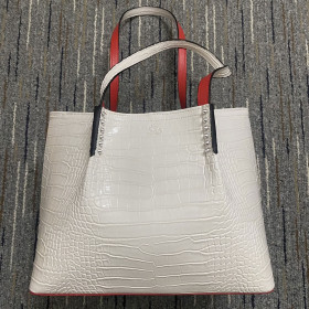 Christian Louboutin Cabarock Shopper Tote Crocodile Embossed Calfskin Spiked White