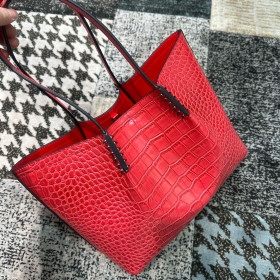 Christian Louboutin Cabarock Tote Bag Alligator Embossed Leather Spikes Red