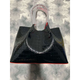 Christian Louboutin Cabarock Tote Bag Crocodile Embossed Patent Leather Spikes Black