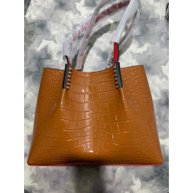 Christian Louboutin Cabarock Tote Bag Crocodile Embossed Calfskin Spikes Brown