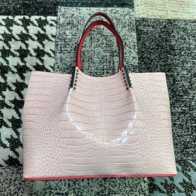 Christian Louboutin Cabarock Tote Bag Alligator Embossed Leather Spikes Pink