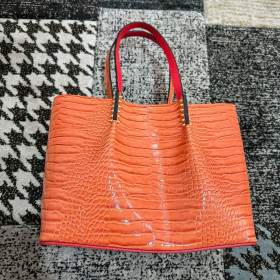 Christian Louboutin Cabarock Tote Bag Patent Embossed Leather Orange