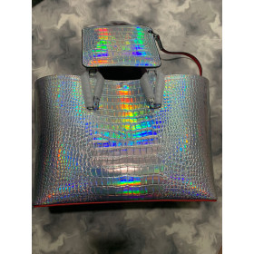 Christian Louboutin Cabata Tote Bag Metallic Leather Silver