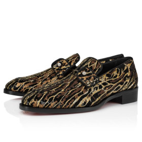 Christian Louboutin Chambelimoc Night Strass Ocelot Loafers Embroidered Crepe Satin Multicolor