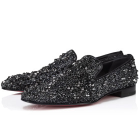 Christian Louboutin Dandelion Strass Eternity Loafers Suede Leather with Strass Black
