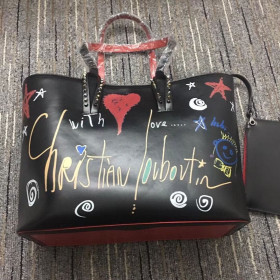 Christian Louboutin East West Cabata Tote Bag Calfskin Loubitag Spikes Black