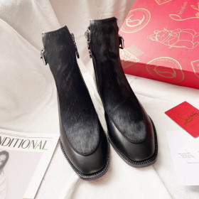 Christian Louboutin Ecritoir Flat Ankle Boots Calfskin and Fur Black