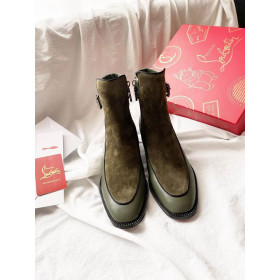 Christian Louboutin Ecritoir Flat Ankle Boots Calfskin and Velvet Green