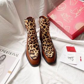 Christian Louboutin Ecritoir Flat Ankle Boots Calfskin and Velvet Leopard Brown
