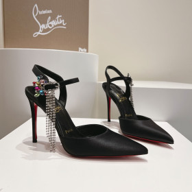 Christian Louboutin Goldina Rain 100mm Pumps Crystal Buckle Embellished Satin Black
