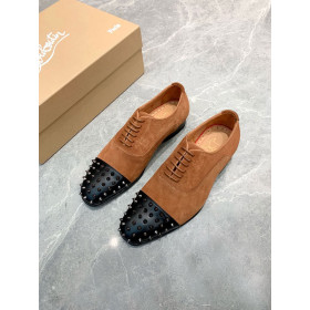 Christian Louboutin Gregossic Flat Oxford Spikes Calfskin and Suede Black Brown