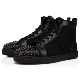 Christian Louboutin High-top Lou Spikes Orlato Flat Black/black Gun Calf