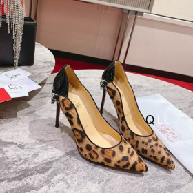 Christian Louboutin Hot Chick Pumps 100mm Patent and Calf Hair Leopard Print Brown