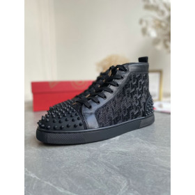 Christian Louboutin Lou Spikes 2 High Top Sneakers Calf Leather Monogram-jacquard Black