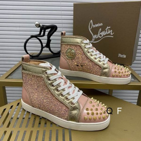 Christian Louboutin Lou Spikes Donna Flat Women Sneakers Glittered and Patent Leather Pink Gold