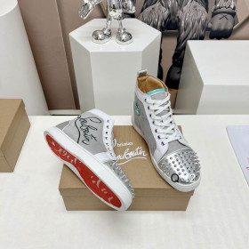 Christian Louboutin Lou Spikes High-top Sneakers Leather and Fabric Silver
