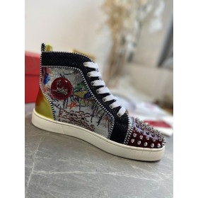 Christian Louboutin Lou Spikes High-top Sneakers Graffiti Sequin And Leather Multicolor