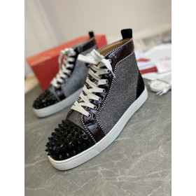Christian Louboutin Lou Spikes Orlato High-top Sneakers Patent Leather and Fabric Black Gray