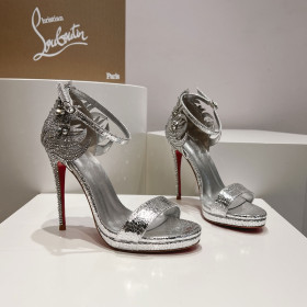 Christian Louboutin Loubi Vega Sandals 120mm Crystals Patent Leather Silver