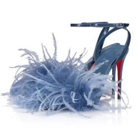 Christian Louboutin Loubipoupi 100 mm Strappy Sandals Denim and Feathers Blue