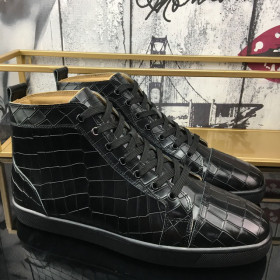 Christian Louboutin Louis Flat High-Top Sneakers Crocodile Embossed Leather Black