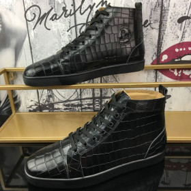 Christian Louboutin Louis Flat High-Top Sneakers Crocodile Embossed Leather Black