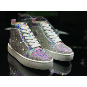 Christian Louboutin Louis Flat High-Top Sneakers Crystals Embellished Iridescent Leather Pink