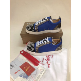 Christian Louboutin Louis Junior Spike Low Top Men Sneakers Leather and Veau Velours Blue