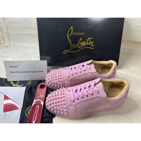 Christian Louboutin Louis Junior Spikes Cap-Toe Suede Sneakers Low-Top Pink