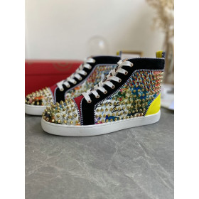Christian Louboutin Louis Orlato Spikes High-top Sneakers Velvet and Leather Multicolor