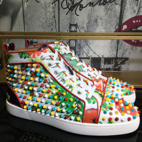Christian Louboutin Louis Orlato Spikes Men Sneakers Crackled Calfskin Hawaii Print Multicolor