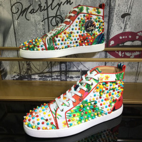 Christian Louboutin Louis Orlato Spikes Men Sneakers Crackled Calfskin Hawaii Print Multicolor