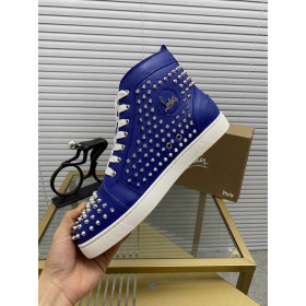 Christian Louboutin Louis Spikes Flat High-top Sneakers Calfskin Blue
