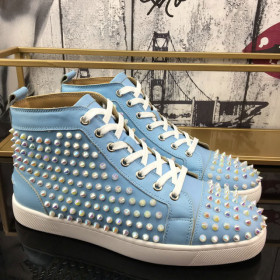 Christian Louboutin Louis Spikes High-Top Sneakers Calf Leather Light Blue