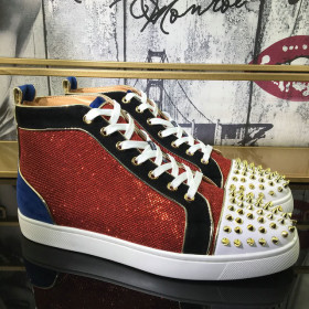Christian Louboutin Louis Spikes High-Top Sneakers Suede and Glitter Leather Multicolor