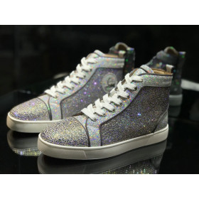 Christian Louboutin Louis Strass High-top Men Sneakers Glitter Leather Silver