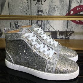 Christian Louboutin Louis Strass High-Top Sneakers Suede and Glitter Leather Silver