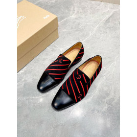 Christian Louboutin Men Loafers Stripe Logo Embroidery Velvet Black Red