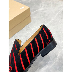 Christian Louboutin Men Loafers Stripe Logo Embroidery Velvet Black Red