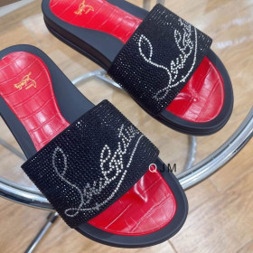 Christian Louboutin Men Slide Sandals Strass Embellishment Rubber Black