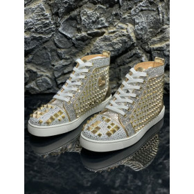 Fake Christian Louboutin Mixkeoshell Flat High-top Women Sneakers Spikes and Strass Silver Gold
