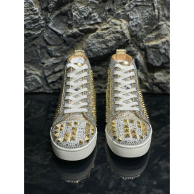 Fake Christian Louboutin Mixkeoshell Flat High-top Women Sneakers Spikes and Strass Silver Gold