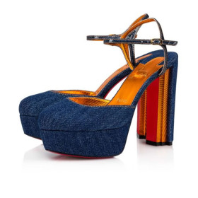 Christian Louboutin Platforms Coluna Pump 130 mm Denim/lin Saba Gold Tissu