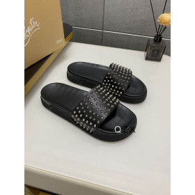 Christian Louboutin Pool Fun Slide Sandals Spiked Crocodile Embossed Rubber Black