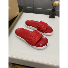 Christian Louboutin Pool Fun Slide Sandals Spiked Crocodile Embossed Rubber Red