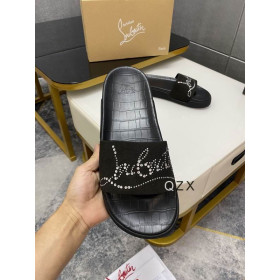 Christian Louboutin Pool Fun Slide Sandals Strass Crocodile Embossed Rubber Black