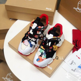 Christian Louboutin Red Runner Flat Sneakers Leather And Neoprene Pattern Multi