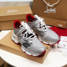 Christian Louboutin Red Runner Flat Sneakers Glitter Silver